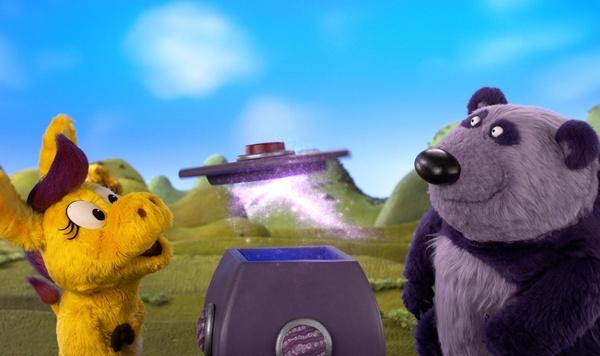 Donkey Hodie and Purple Panda look at the Super Duper Magic Fun Box.