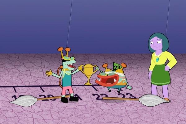 Buzz and Delete celebrate the game they played on a number line.