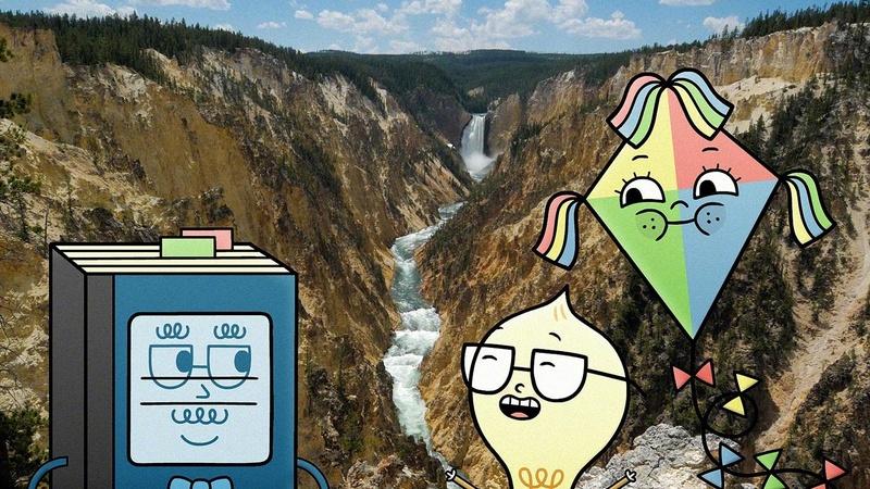 Watt and Windy are on vacation overlooking a waterfall and river running through a canyon.