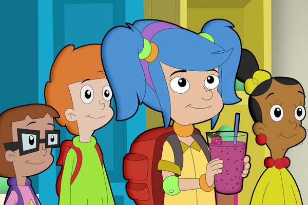 The CyberSquad stands behind Hannah who is holding a CyberBerry smoothie in a glass.
