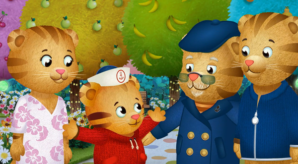 Daniel Tiger with Mom and Dad Tiger and Grandpere.