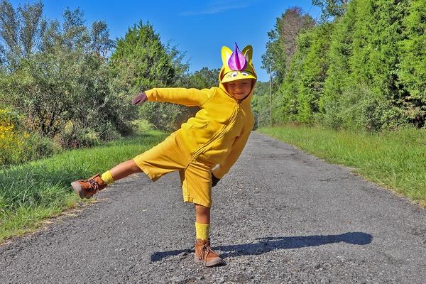 A child is wearing a Donkey Hodie Costume.