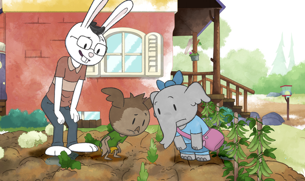 Olive, Ari, and Elinor's dad in the garden.