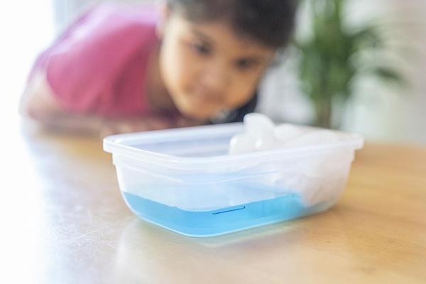 Una niña observa lo que está sucediendo durante el experimento sobre la elevación del nivel del mar.