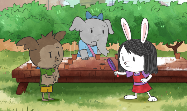 Imagen de Elinor y sus amigos observando las plantas.