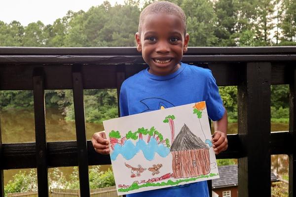 A child’s painting of what they see out their window.