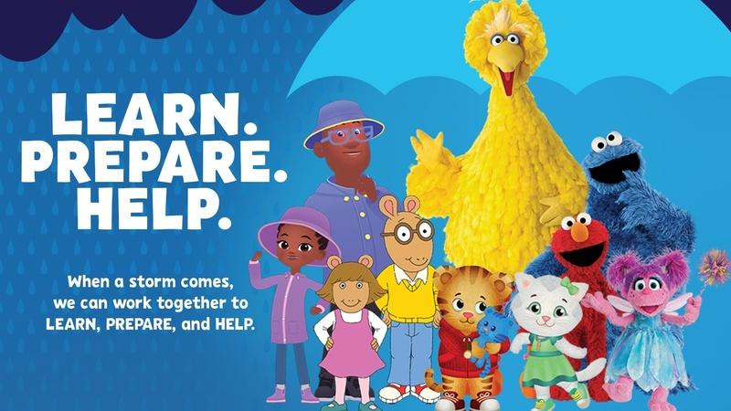 Image of characters from Arthur, Daniel Tiger's Neighborhood, Sesame Street, and Weather Hunters as they encourage people to learn, prepare, and help during a weather storm.