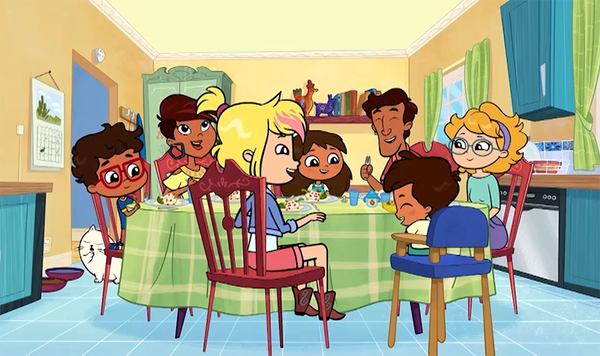 Rosie's family eating dinner together.