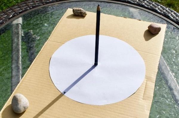 Image of a hand-made sundial using paper and a pencil