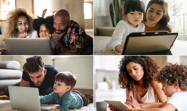 Images of parents using laptops and tablets with children.