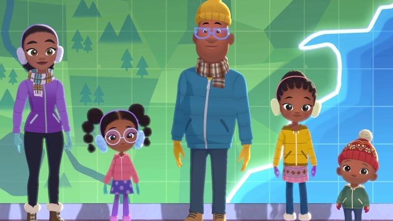 The Hunter family is ready for the cold with their coats, boots, and earmuffs. They are standing in front of a screen showing a large map.