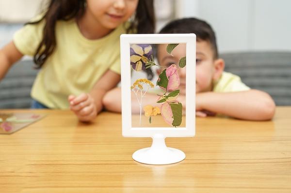 Two children looking at their framed artwork of pressed flowers.