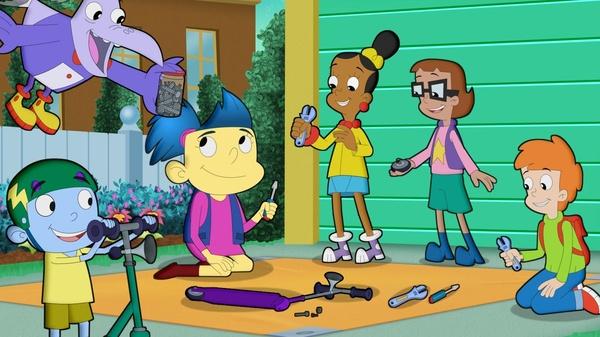 The Cybersquad uses tools to fix a scooter.