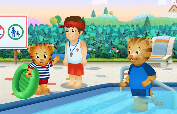 Daniel Tiger is standing on the side of the pool next to a lifeguard. Dad Tiger is in the pool waiting for Daniel.