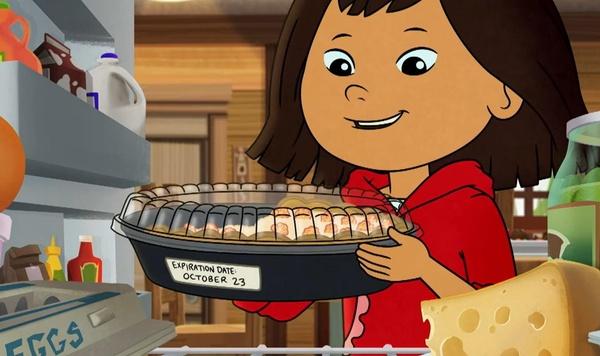 Molly looks at the expiration date of a pie in the refrigerator.