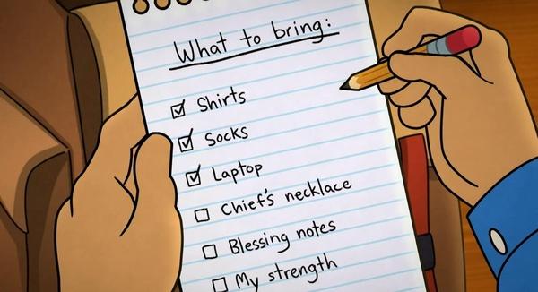 Molly's grandpa is holding a paper with a list of things he needs to pack.