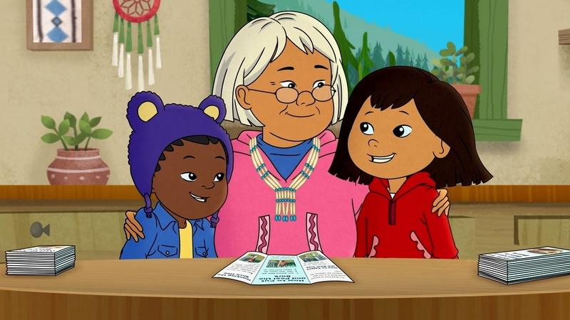 A photo of Auntie Midge talking with Molly and Trini.