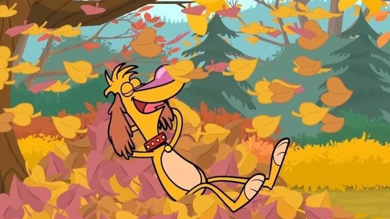 Nature Cat's friend Hal having fun in a pile of leaves.