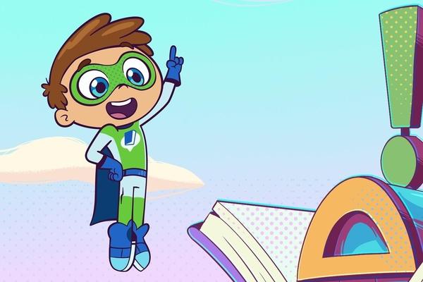 Image of Super Why holding his hand up to show he has an idea.