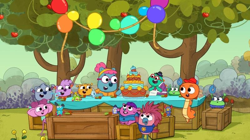 The neighbors in the Treeborhood have a birthday party celebration with cake and balloons.