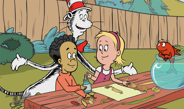 The Cat in the Hat, Nick, and Sally creating leaf art
