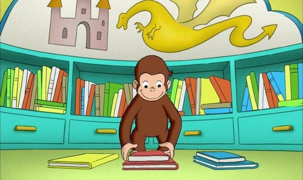 Curious George sorting books by color