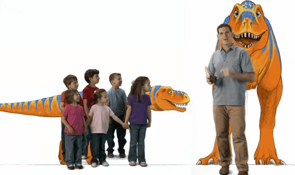 Dr. Scott and kids with a drawing of a T. Rex