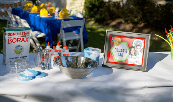 Odd Squad party table with Borax slime ingredients.