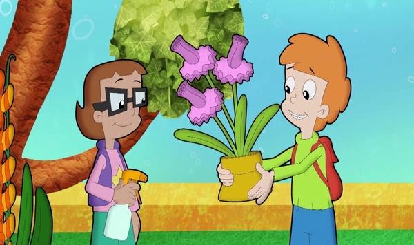 Inez waters a plant that Matt is holding.