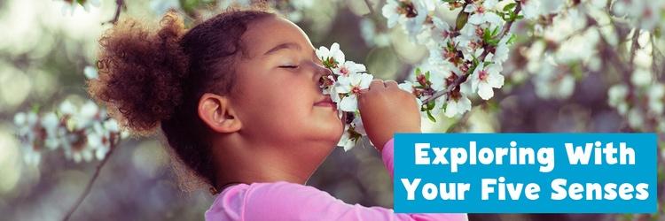 Young girl smelling tree blossoms.
