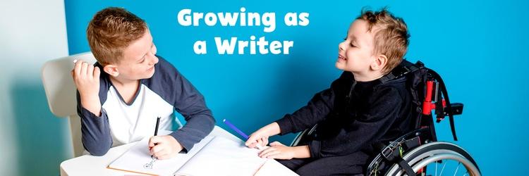 Two boys writing in notebooks.