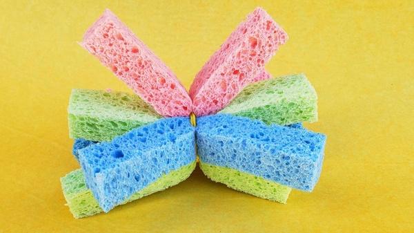 Image of squishy sponge ball made out of strips of sponge.