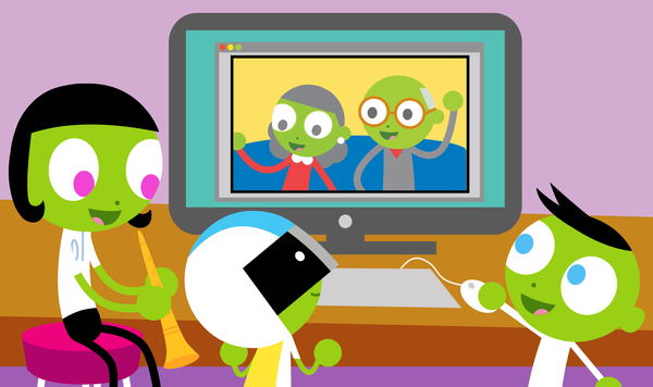 Illustration of kids video chatting with grandparents.